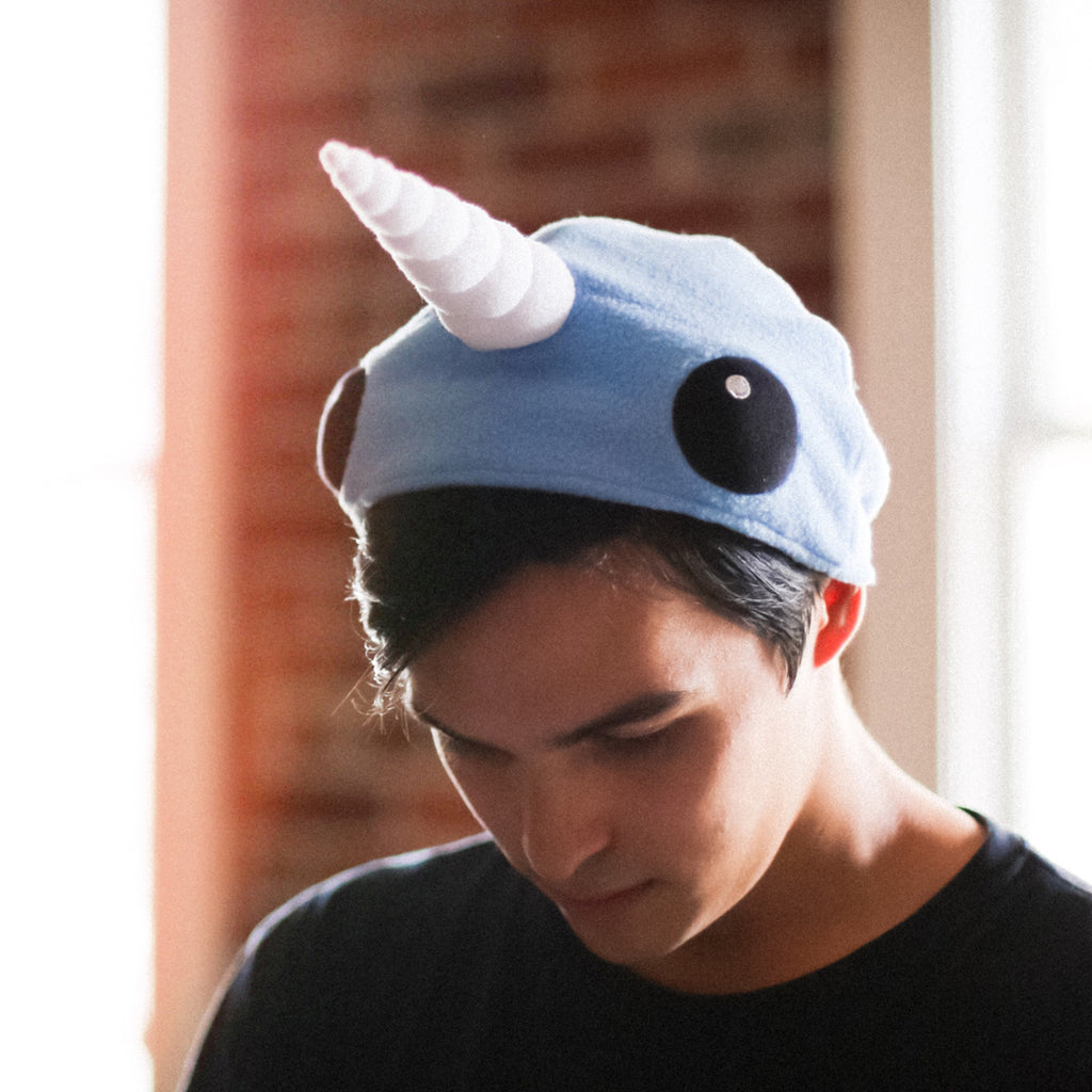 Narwhal Beanie, on a model (close up)